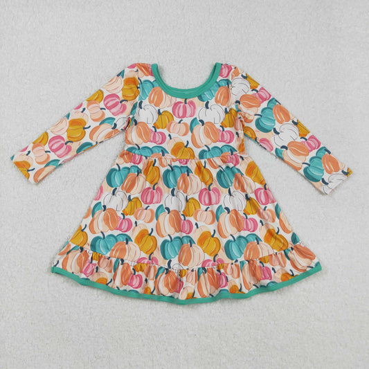 GLD1264 Baby Girls Colorful Pumpkins Plaid Fall Ruffle Knee Length Dress C9.8