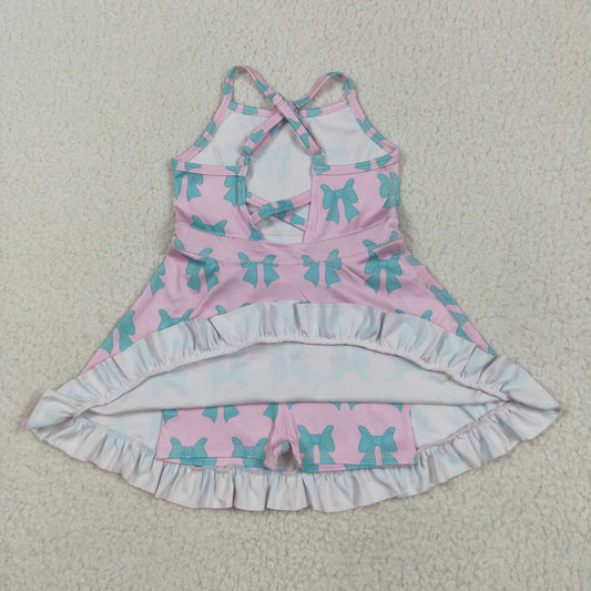 GSD2293 Baby Girls Pink Strap Green Bows Yoga Ruffle Knee Length Dress 5.23