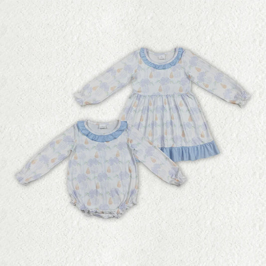 Sibling Baby Girls Blue Pumpkins Flowers Fall Rompers Dresses 8.13