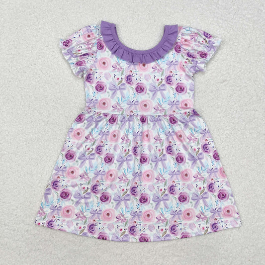 GSD1516 Baby Girls Purple Flowers Bows Knee Length Dress