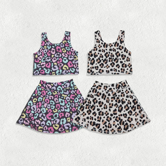 RTS Sibling Baby Girls Sleeveless Colorful Leopard Vests Skirt Shorts Yoga Active Clothes Set