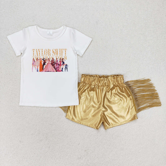 GT0532 SS0242 Country Music Singer White Short sleeve top Gold glossy leather fringe shorts set