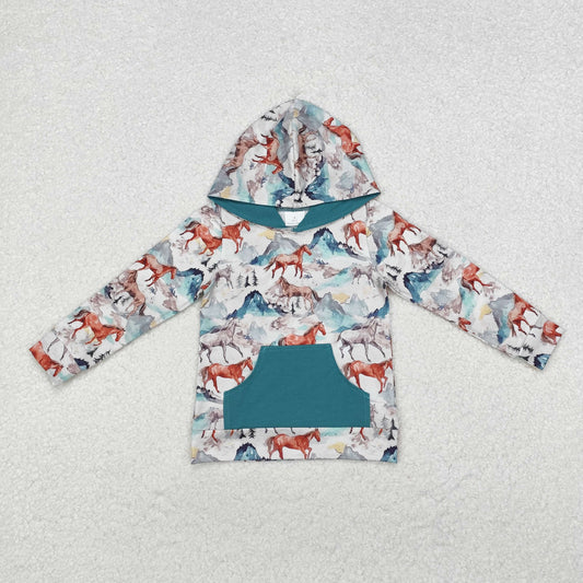 BT0868 Baby Boys Western Horse Hooded Long Sleeve Tops