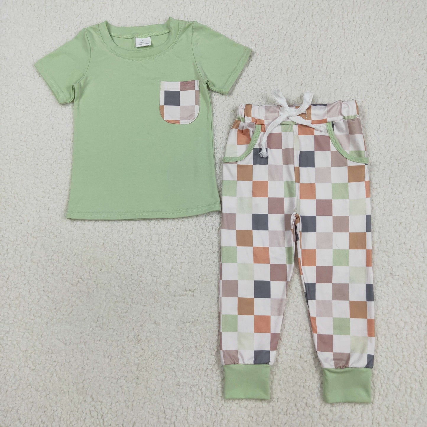 BSPO0576 Baby Boys Gray Short Sleeves Pocket Top Pockets Khaki Plaid Pant Set 8.5