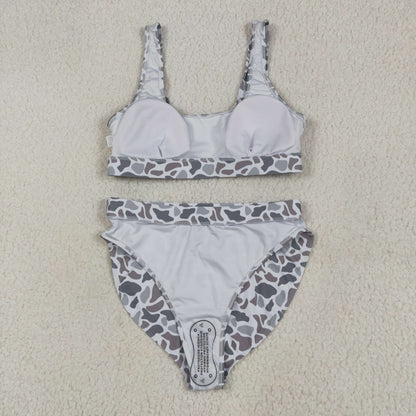 S0558 Adult Women Light Grey Camo Top Bottom Swimsuits Set
