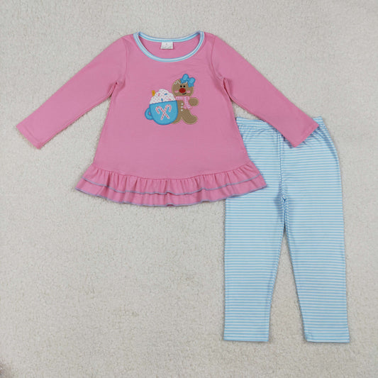 GLP2467 Embroidery Baby Girls Pink Long Sleeves Gingerbread Tunic Blue Legging Pant Set C9.25