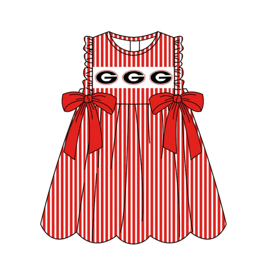 C11.28 Custom Moq 5 Baby Girls Sleeveless Red Stripe G Bows Team Knee Length Dresses