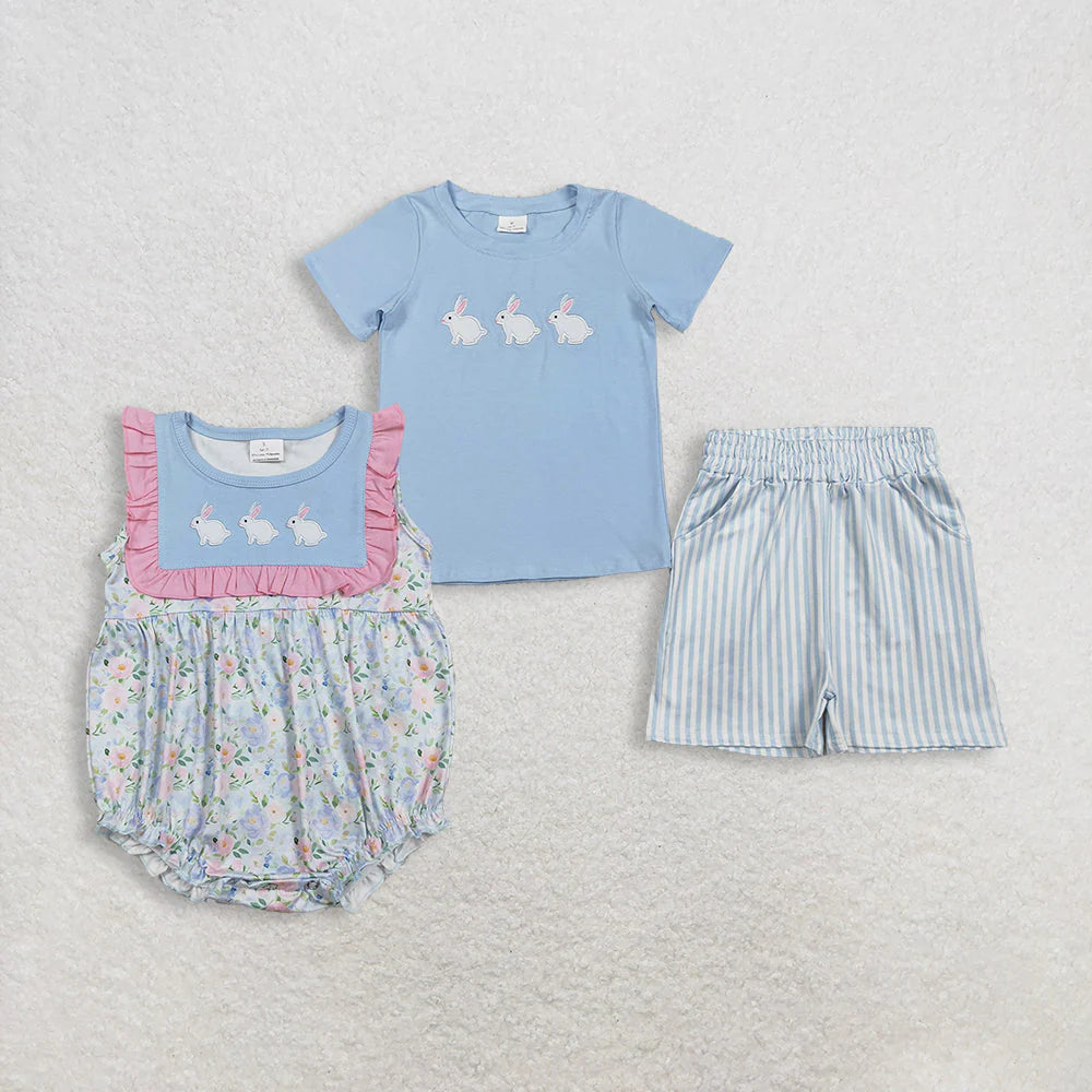 RTS Sibling Baby Boys Girls Embroidery Rabbits Stripe Pockets Short Easter Clothes Set Ruffle Rompers