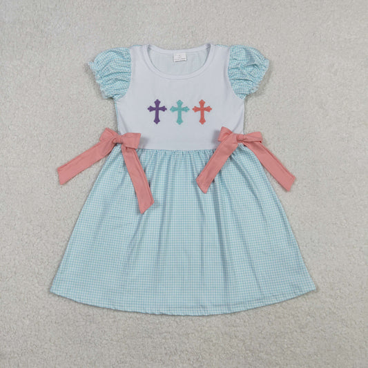 GSD2807 Embroidery Baby Girls Cross Bows Short Ruffle Sleeve Easter Knee Length Dress C11.4