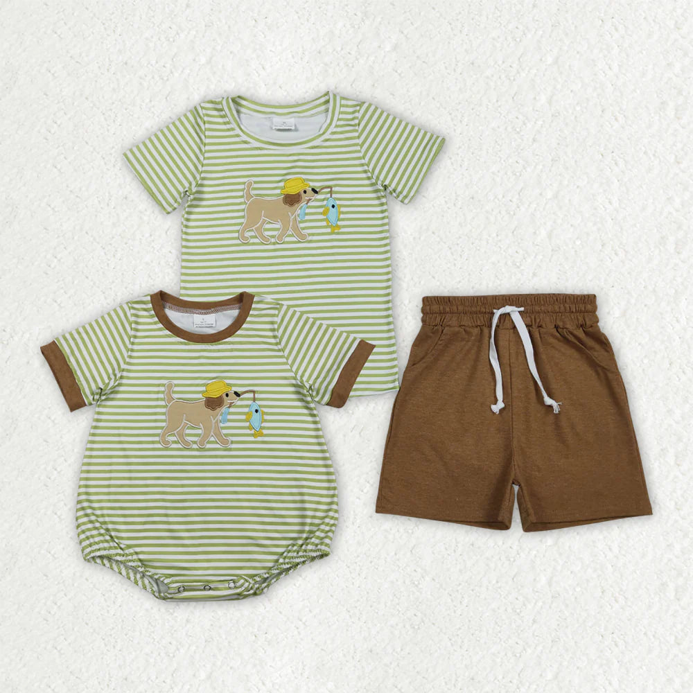 RTS Sibling Baby Boys Embroidery Dog Fishing Stripe Top Short Hunting Clothes Set Rompers