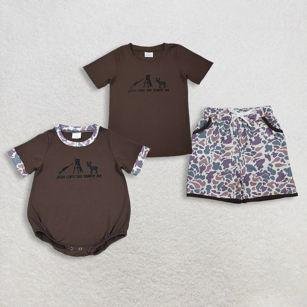 Sibling Baby Boys Embroidery Deer Hunting Pockets Camo Shorts Clothes Sets Rompers C11.14