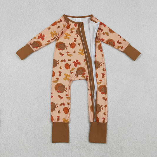 LR2689 Baby Boys Bows Turkey Pumpkins Thanksgiving Zipper Footie Romper C10.23