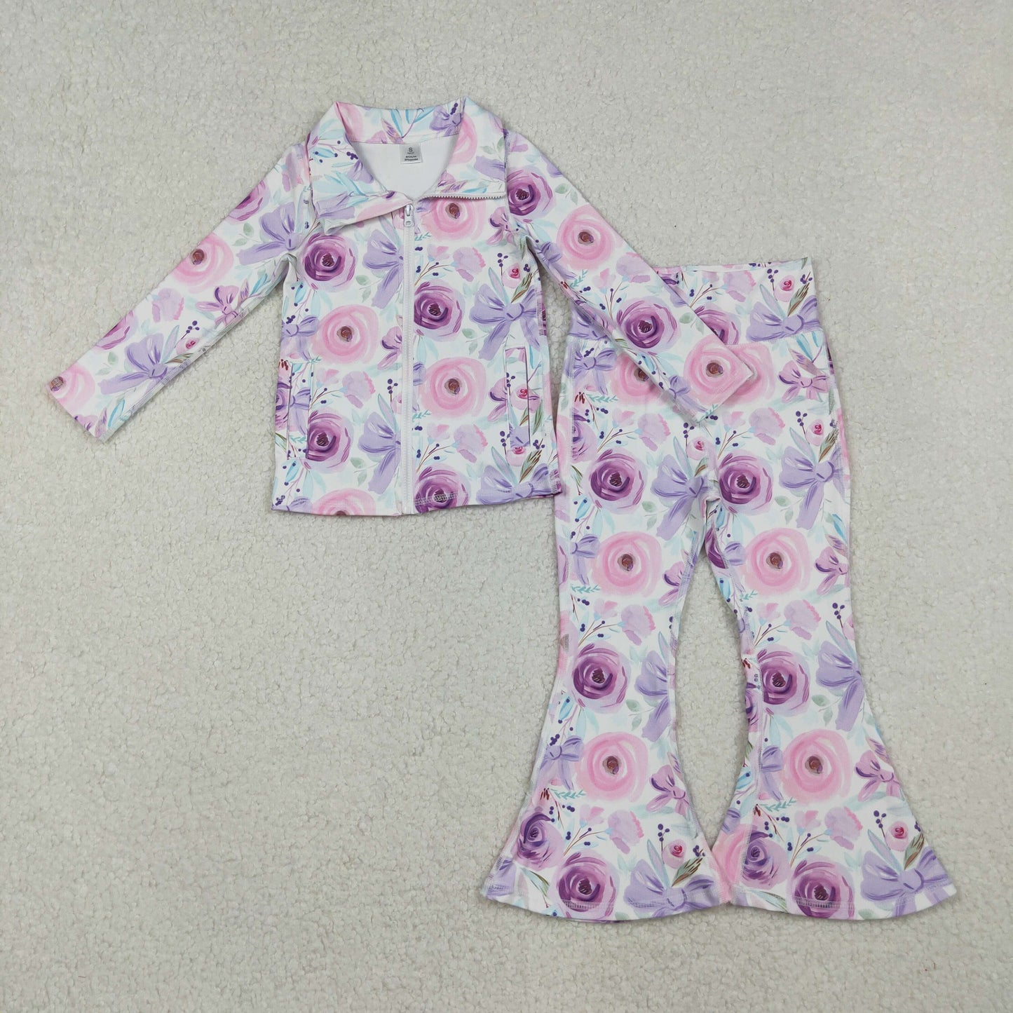 GT1083+P0774 Baby Girls Purple Flowers Bows Pockets Zipper Top Bell Bottom Pant Yoga Set C10.15