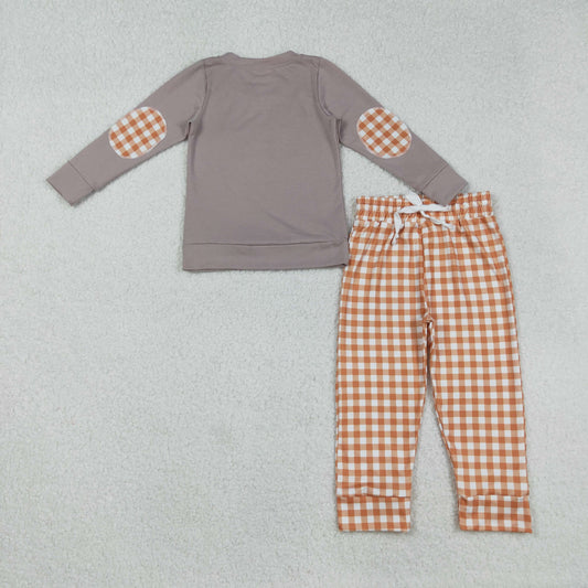 BLP1098 Embroidery Baby Boys Halloween Ghost Pumpkins Dog Top Orange Plaid Pant Set C9.4