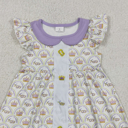 RTS GSD2891 Embroidery Crowns Masks Baby Girls Mardigras Collar Checked Knee Length Dresses