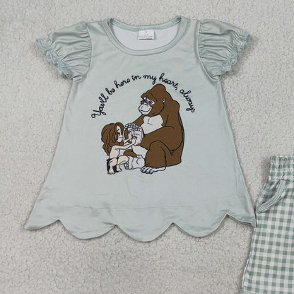 RTS GSSO2906 Baby Girls Cartoon Monkeys Scallop Tunic Checked Pockets Shorts Clothes Sets