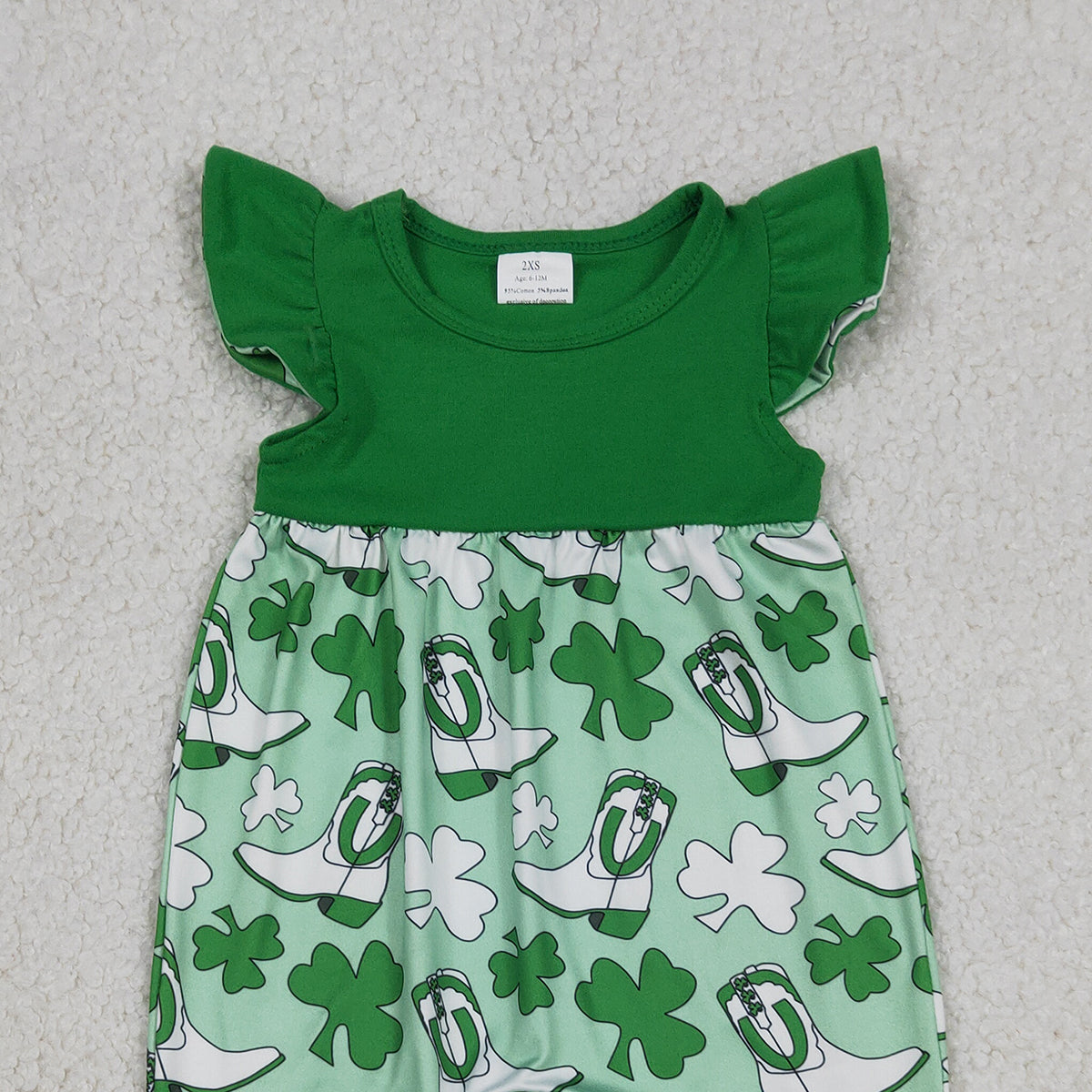 RTS SR3783 Baby Girls Flutter Sleeve Clovers Boots St Patrick Rompers