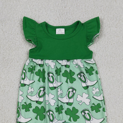 RTS SR3783 Baby Girls Flutter Sleeve Clovers Boots St Patrick Rompers