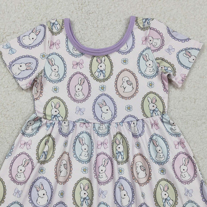 RTS GSD2863 Baby Girls Bows Rabbits Easter Ruffle Knee Length Dresses