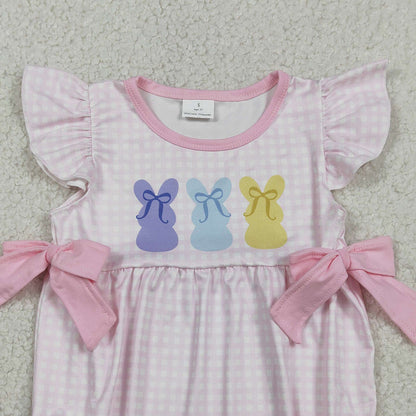 RTS SR3767 Baby Girls Pink Checked Rabbits Bows Easter Ruffle Rompers