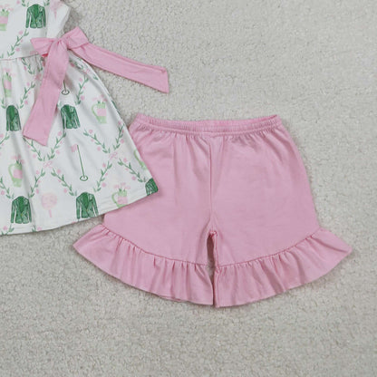 RTS GSSO3063 Baby Girls Flowers Golf Checked Bows Tunic Ruffle Shorts Clothes Sets