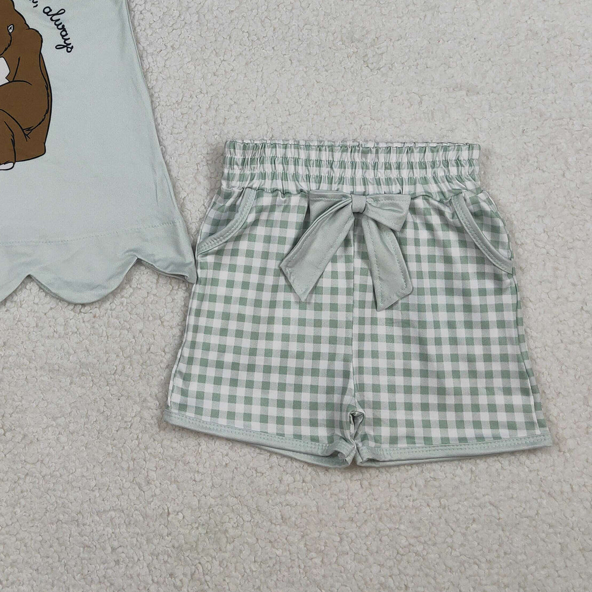 RTS GSSO2906 Baby Girls Cartoon Monkeys Scallop Tunic Checked Pockets Shorts Clothes Sets