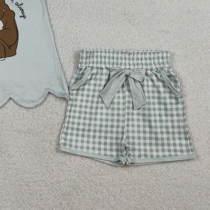 RTS GSSO2906 Baby Girls Cartoon Monkeys Scallop Tunic Checked Pockets Shorts Clothes Sets