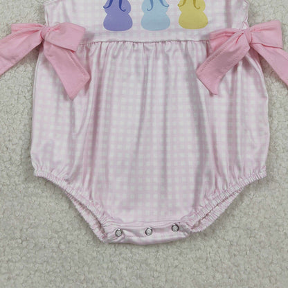RTS SR3767 Baby Girls Pink Checked Rabbits Bows Easter Ruffle Rompers