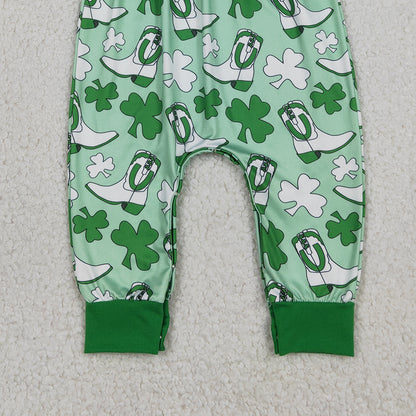 RTS SR3783 Baby Girls Flutter Sleeve Clovers Boots St Patrick Rompers