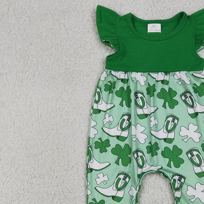 RTS SR3783 Baby Girls Flutter Sleeve Clovers Boots St Patrick Rompers