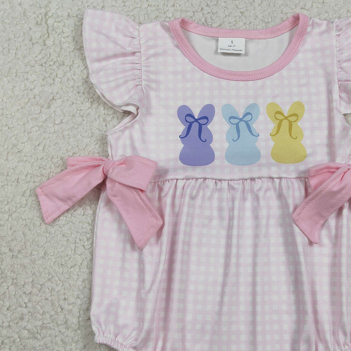 RTS SR3767 Baby Girls Pink Checked Rabbits Bows Easter Ruffle Rompers