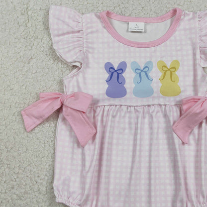 RTS SR3767 Baby Girls Pink Checked Rabbits Bows Easter Ruffle Rompers