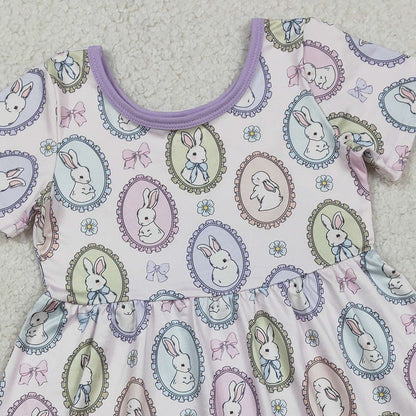 RTS GSD2863 Baby Girls Bows Rabbits Easter Ruffle Knee Length Dresses