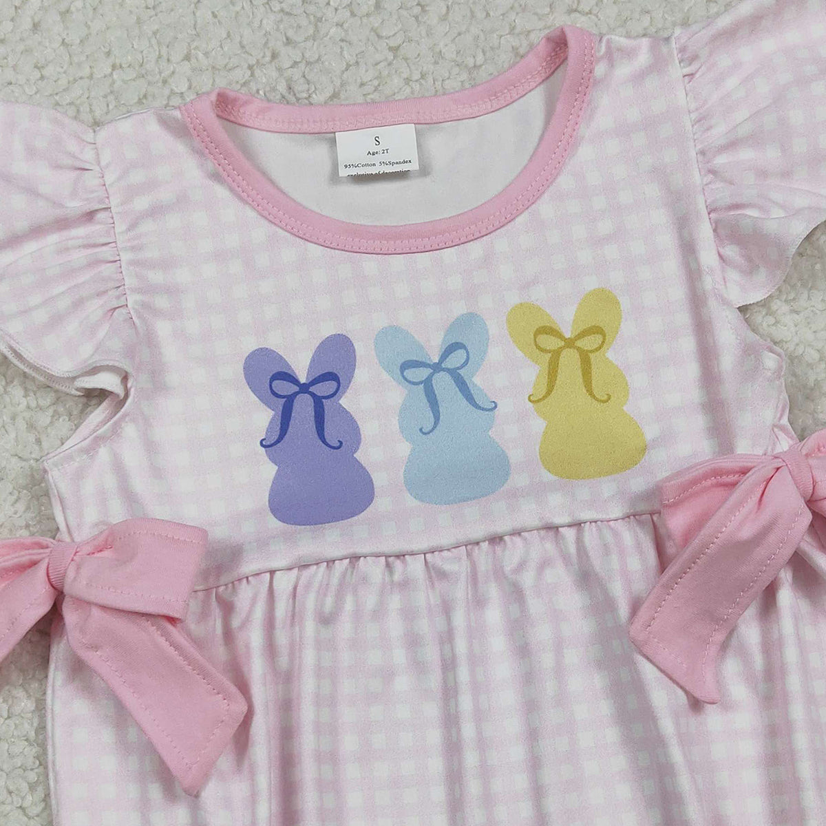 RTS SR3767 Baby Girls Pink Checked Rabbits Bows Easter Ruffle Rompers