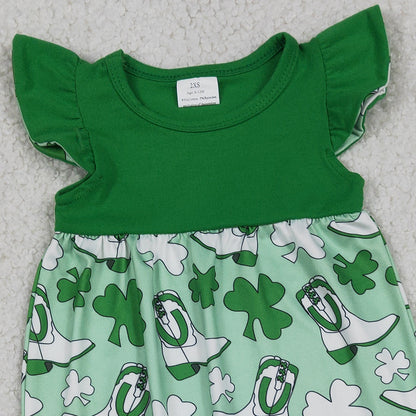 RTS SR3783 Baby Girls Flutter Sleeve Clovers Boots St Patrick Rompers