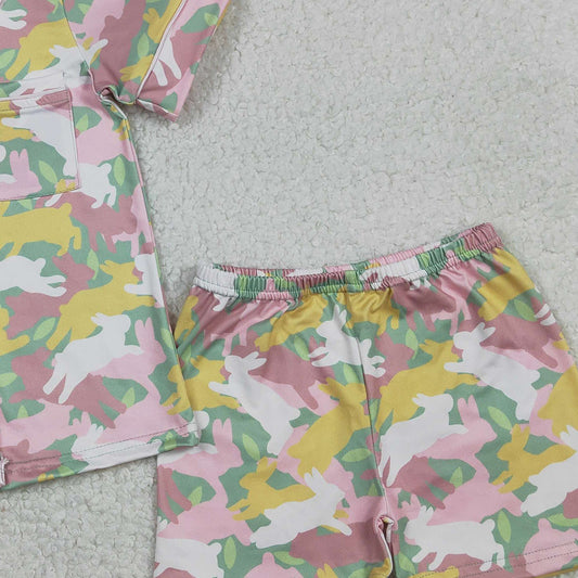 RTS GSSO2972 Baby Girls Rabbits Camo Button Pocket Top Shorts Easter Pajamas Sets