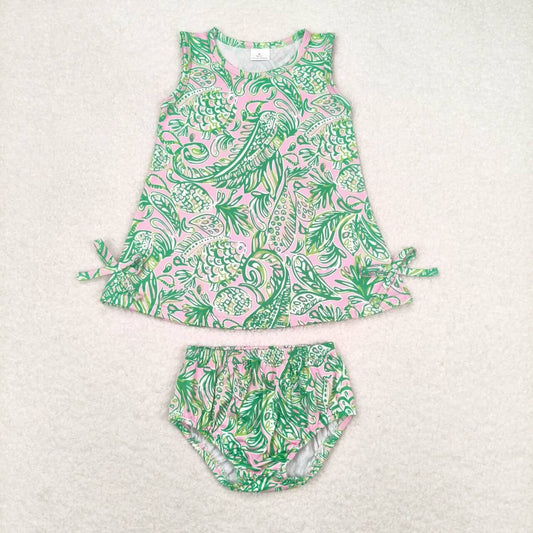 GBO0343 Pink green leaf pattern sleeveless briefs set