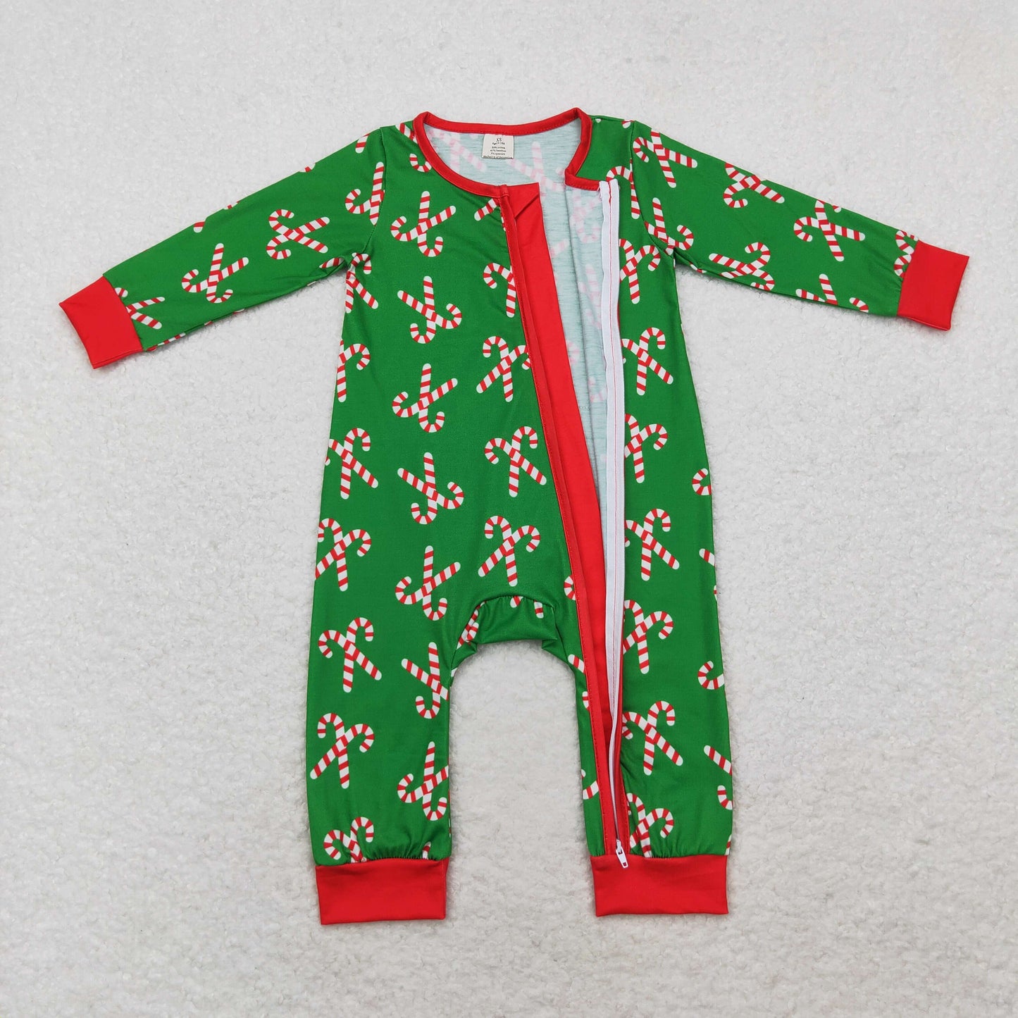 LR1237 Bamboo Santa Cane Red border green zipper long sleeve onesie