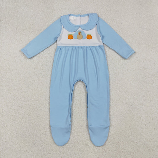 LR2562 Embroidery Baby Boys Blue Pumpkins Turkey Fall Footed Romper C10.8