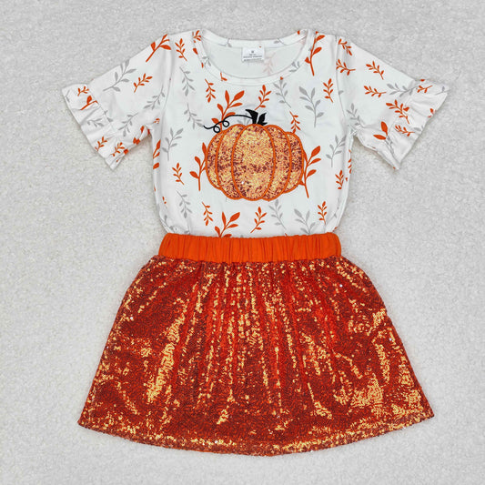 GSD1437 Baby Girls Pumpkin Shirt Sequin Skirts Clothes Set