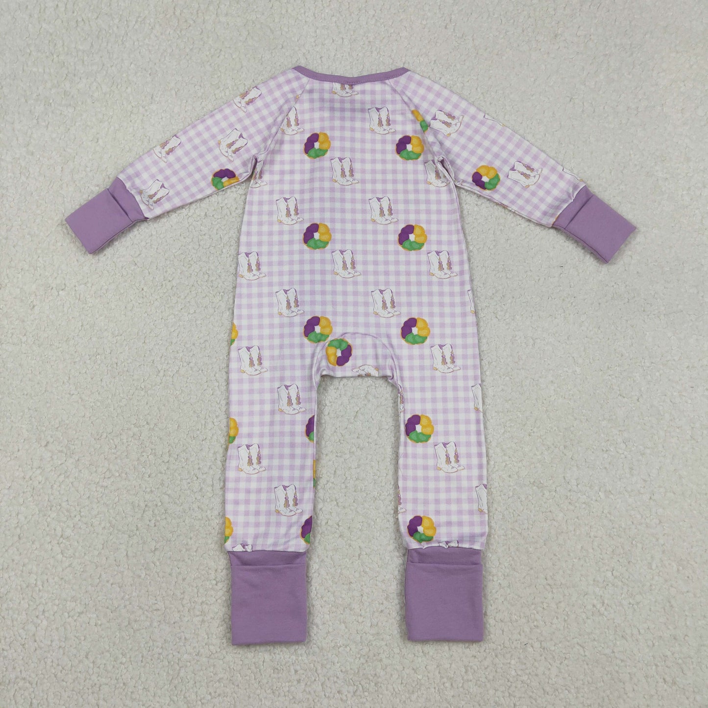 LR2783 Baby Girls Mardigras Boots Donuts Checked Two Way Ruffle Zip Convertible Romper C12.9