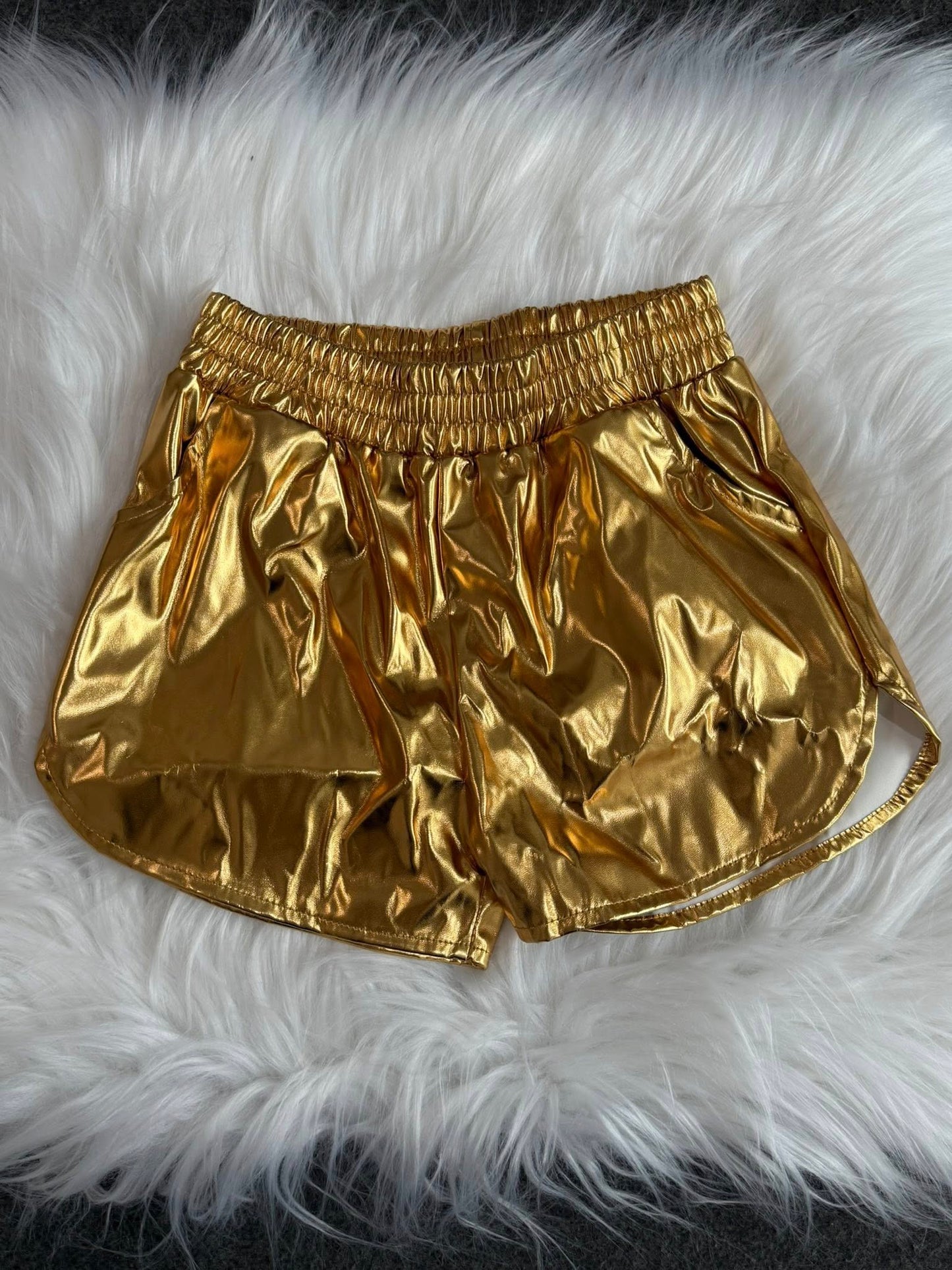 SS0417 Baby Girls Metallic Golden Pocket Leather Elastic Bottom Shorts