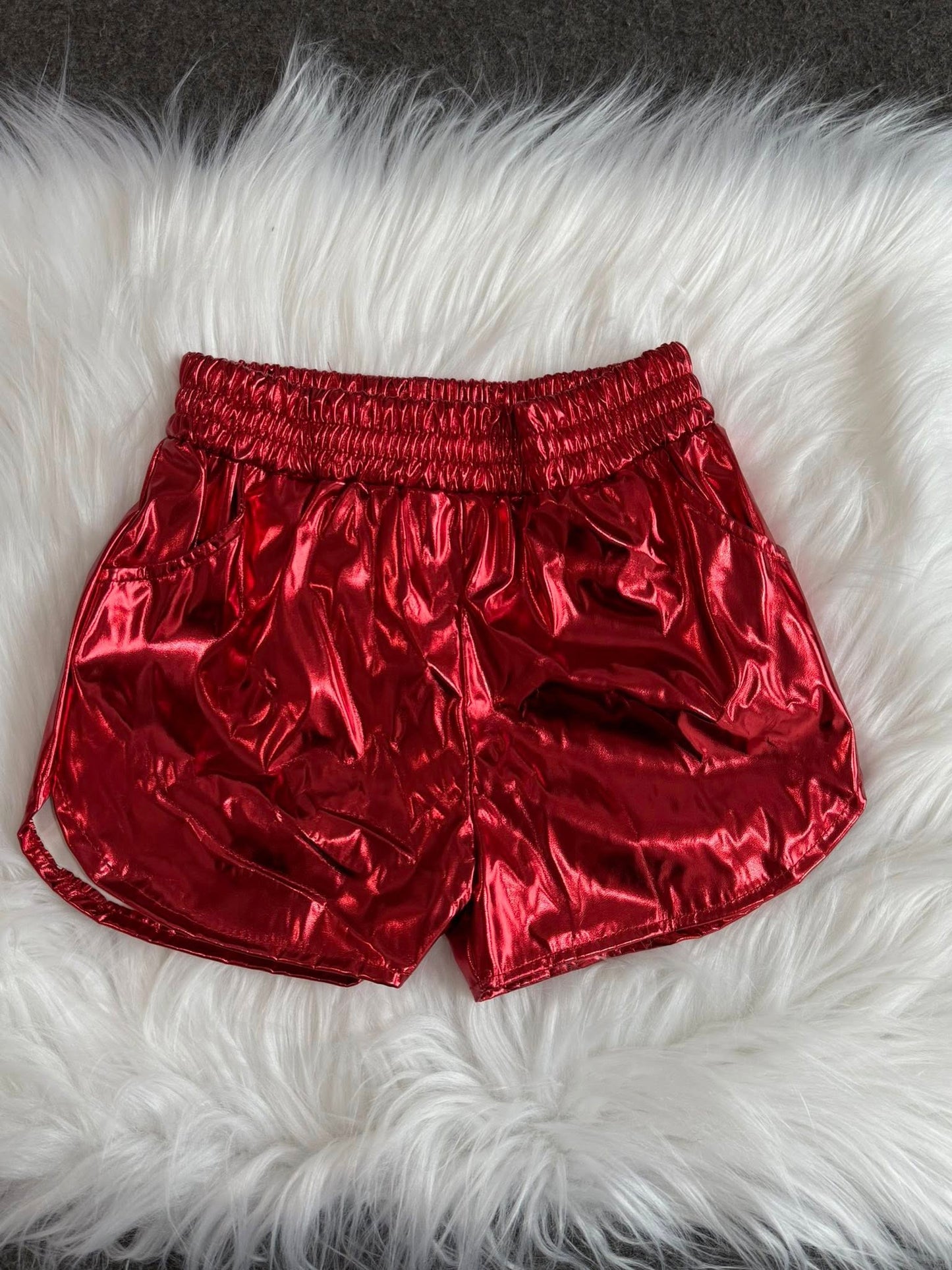 SS0415 Baby Girls Red Pocket Leather Elastic Bottom Shorts