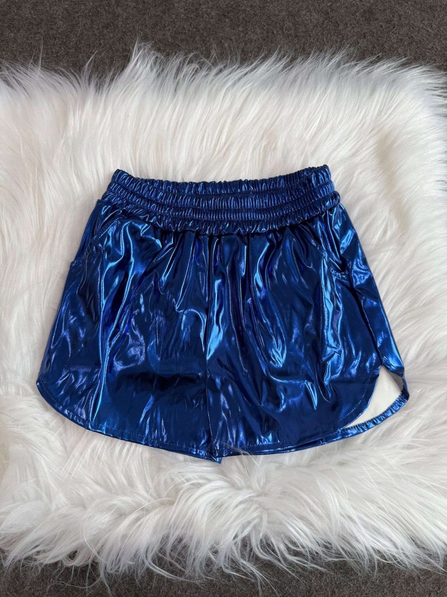 SS0409 Baby Girls Blue Pocket Leather Elastic Bottom Shorts