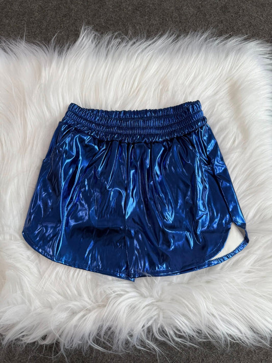 SS0409 Baby Girls Blue Pocket Leather Elastic Bottom Shorts