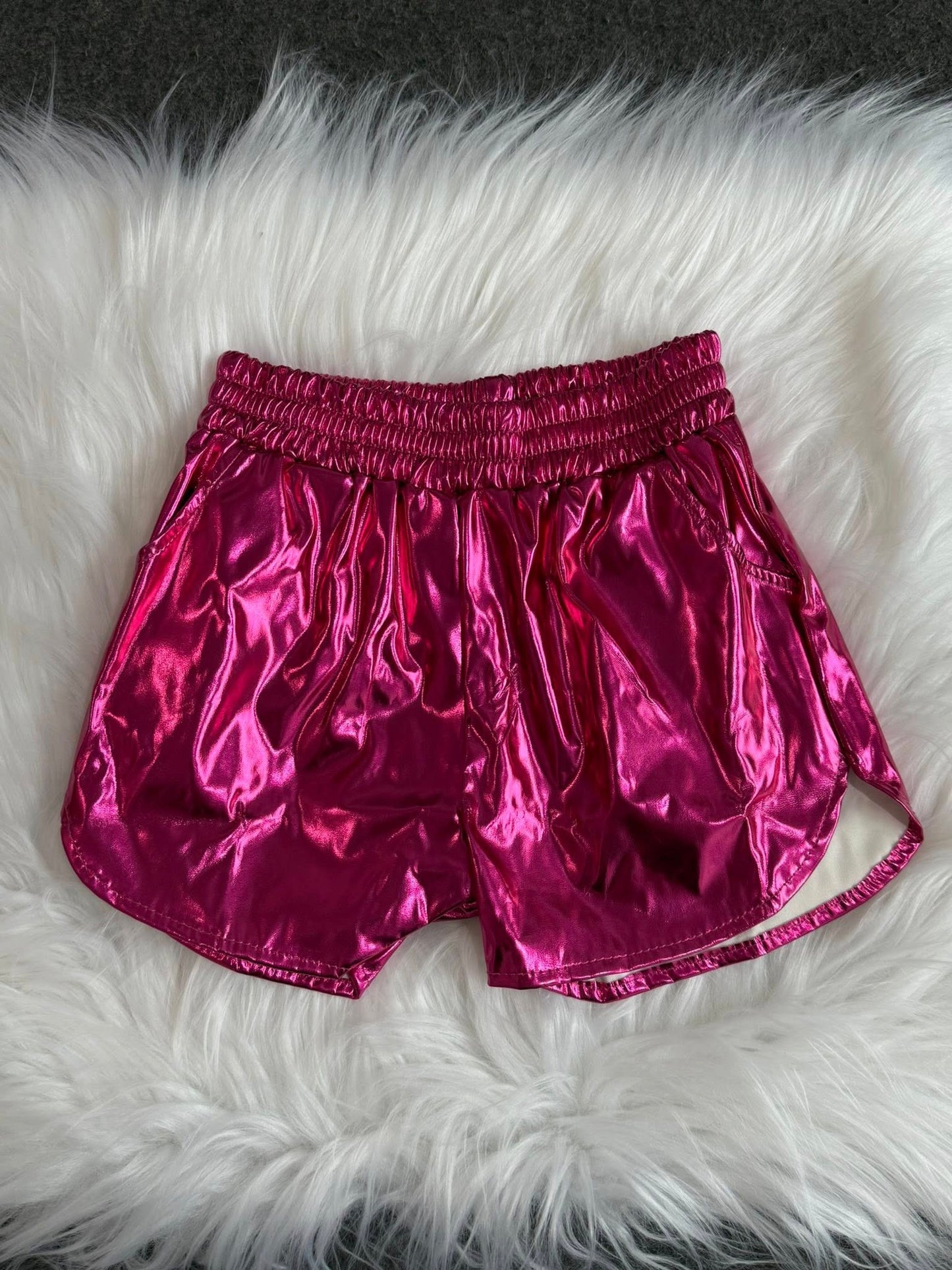 SS0414 Baby Girls Hotpink Pocket Leather Elastic Bottom Shorts