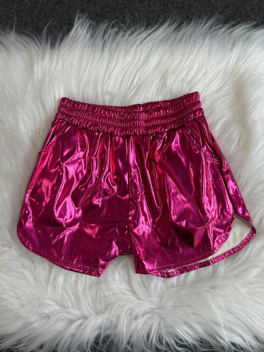 SS0414 Baby Girls Hotpink Pocket Leather Elastic Bottom Shorts