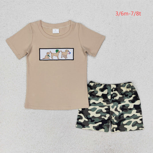 BSSO0720 4th of July Embroidered puppy flag short-sleeved camo shorts set