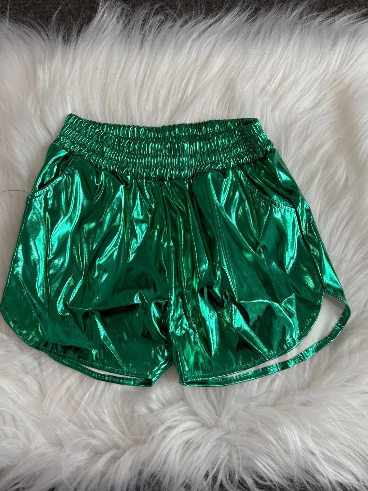 SS0410 Baby Girls Green Pocket Leather Elastic Bottom Shorts
