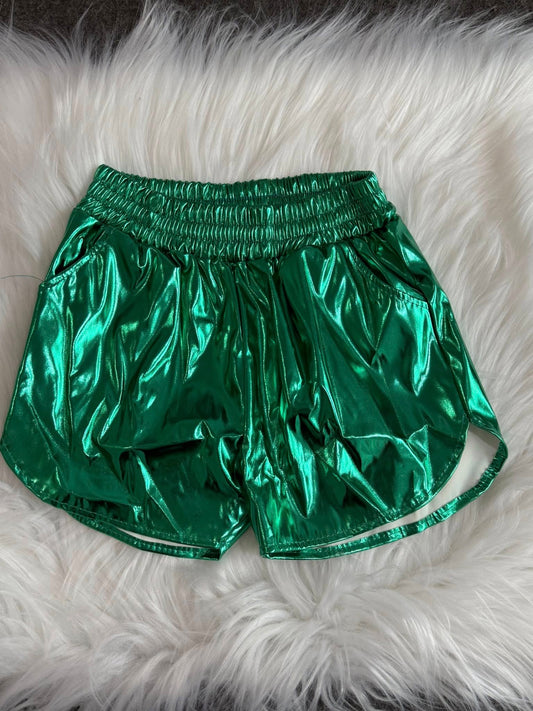 SS0410 Baby Girls Green Pocket Leather Elastic Bottom Shorts